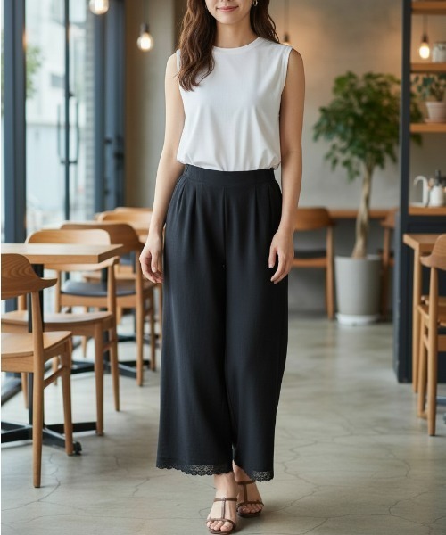 ワイドパンツ パンツ 「裾レース・大人フェミニン」ウエストゴム裾