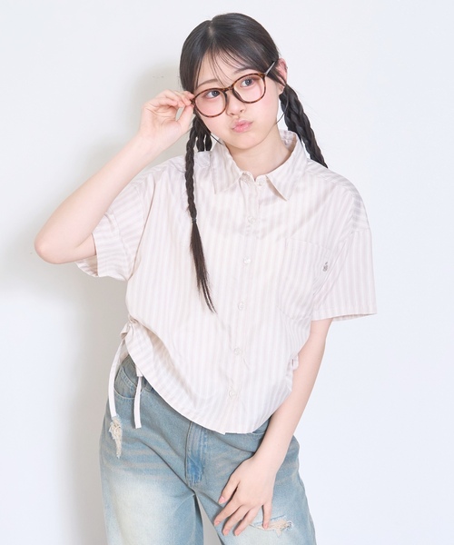 LOVETOXIC ブラウス シャツ 「セット可」短丈ドロストストライプ半袖