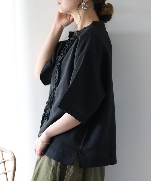 tnkMHL. レディース 半袖 バンドカラーシャツ 黒 リネン ubasoku（ウバソク） リネンシャツ ブラウス シャツ 夏 リネン