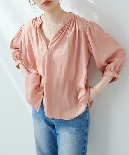 natural couture シャツ ブラウス 大人上品な1品 とろみサテン7分袖