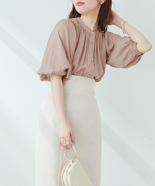natural couture シャツ ブラウス 大人上品な1品 とろみサテン7分袖