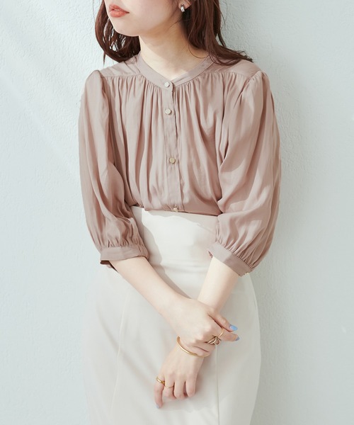 natural couture シャツ ブラウス 大人上品な1品 とろみサテン7分袖