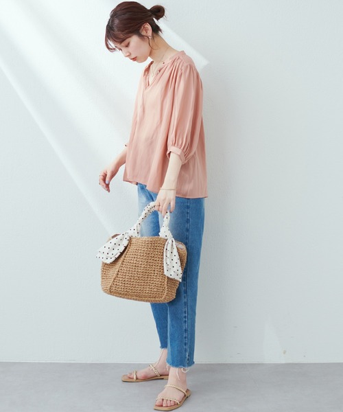 natural couture シャツ ブラウス 大人上品な1品 とろみサテン7分袖 