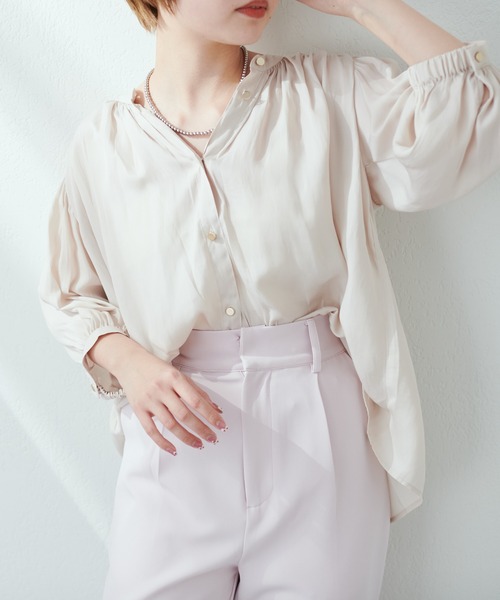 natural couture シャツ ブラウス 大人上品な1品 とろみサテン7分袖