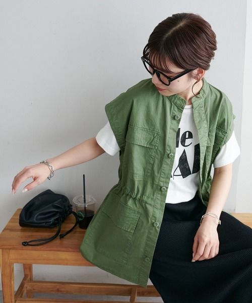 ベスト ジレ Aライン スタンドネック ミリタリーベスト レディース メンズ Discoat ベスト ジレ 「リバイバル」スタンドネックミリタリー