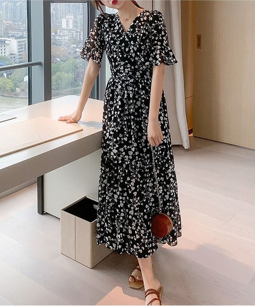 BLANC FICELLE ワンピース カットオフ プリント シフォン