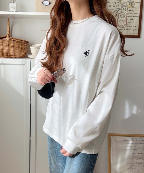 tシャツ 大人カジュアルスタイルに。綿100％着心地抜群の胸刺繍クルーネック長袖Tシャツ レディース | classicalelf | 12