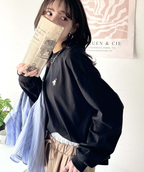 tシャツ 大人カジュアルスタイルに。綿100％着心地抜群の胸刺繍クルーネック長袖Tシャツ レディース | classicalelf | 23