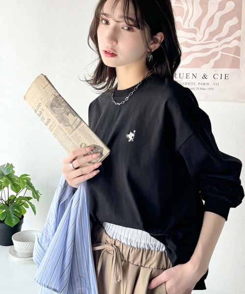 tシャツ 大人カジュアルスタイルに。綿100％着心地抜群の胸刺繍クルーネック長袖Tシャツ レディース | classicalelf | 25