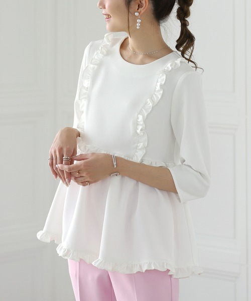 【タグ付】CLORE+ クロレ　フリルペプラムスウェットトップス　ホワイト MERAKI ブラウス シャツ フリルペプラムトップス レディース