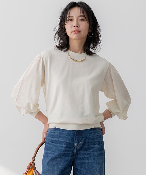 ニット セーター 「洗える」コンフォートストレッチ パフスリーブ ニット レディース