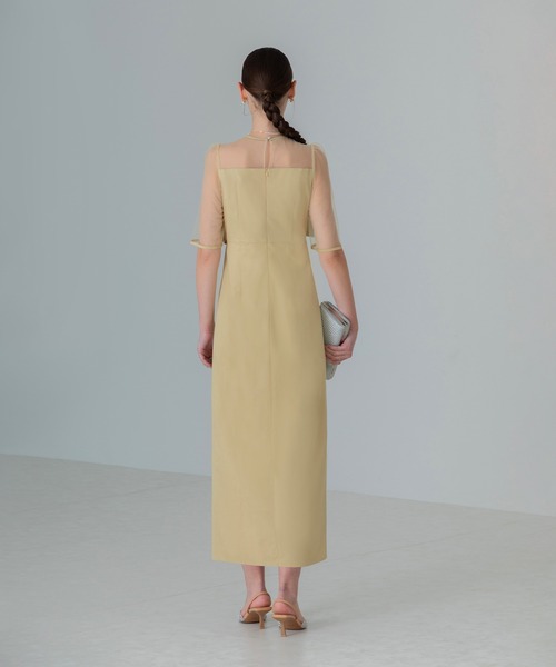 Leja シアープリーツスリーブIラインワンピースドレス　グレー　S レジャ Leja 異素材シアー刺繍レース透け感プリーツスリーブI