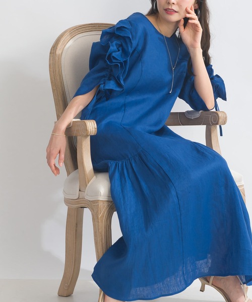PICCIN PERLA ワンピース 半袖 袖シャーリングフリルリネンワンピース