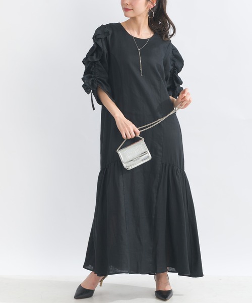 PICCIN PERLA ワンピース 半袖 袖シャーリングフリルリネンワンピース