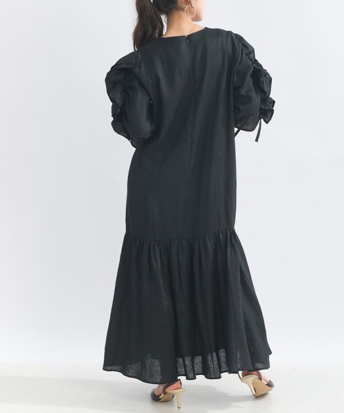 PICCIN PERLA ワンピース 半袖 袖シャーリングフリルリネンワンピース