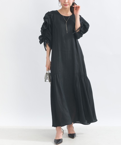 PICCIN PERLA パフスリーブ ワンピース ブラック PICCIN PERLA ワンピース 半袖 袖シャーリングフリルリネンワンピース