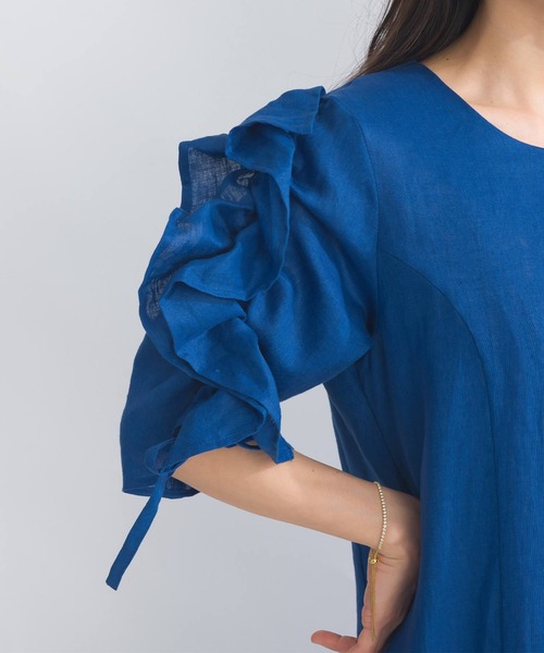 PICCIN PERLA ワンピース 半袖 袖シャーリングフリルリネンワンピース