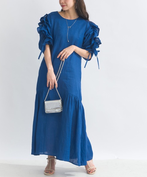 PICCIN PERLA ワンピース 半袖 袖シャーリングフリルリネンワンピース