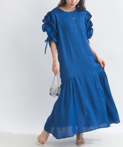 PICCIN PERLA ワンピース 半袖 袖シャーリングフリルリネンワンピース