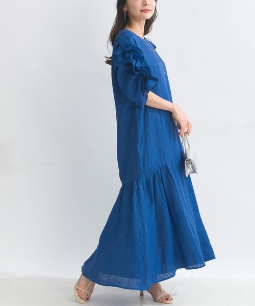 PICCIN PERLA ワンピース 半袖 袖シャーリングフリルリネンワンピース
