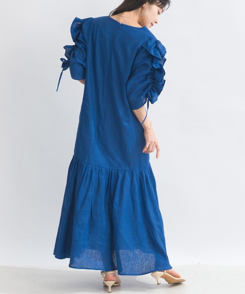 PICCIN PERLA ワンピース 半袖 袖シャーリングフリルリネンワンピース