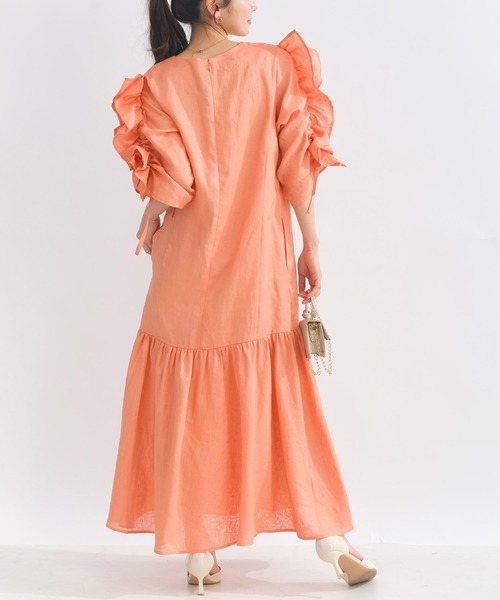 PICCIN PERLA ワンピース 半袖 袖シャーリングフリルリネンワンピース