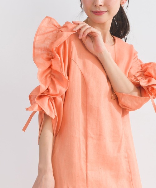PICCIN PERLA ワンピース 半袖 袖シャーリングフリルリネンワンピース