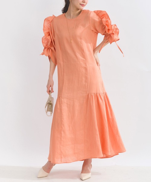 PICCIN PERLA ワンピース 半袖 袖シャーリングフリルリネンワンピース