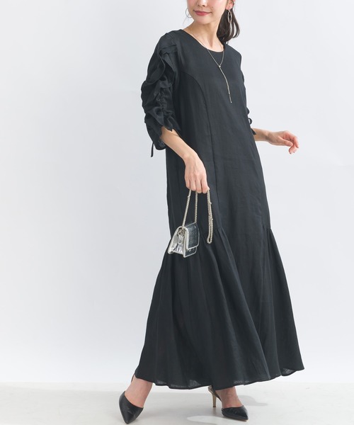 PICCIN PERLA ワンピース 半袖 袖シャーリングフリルリネンワンピース