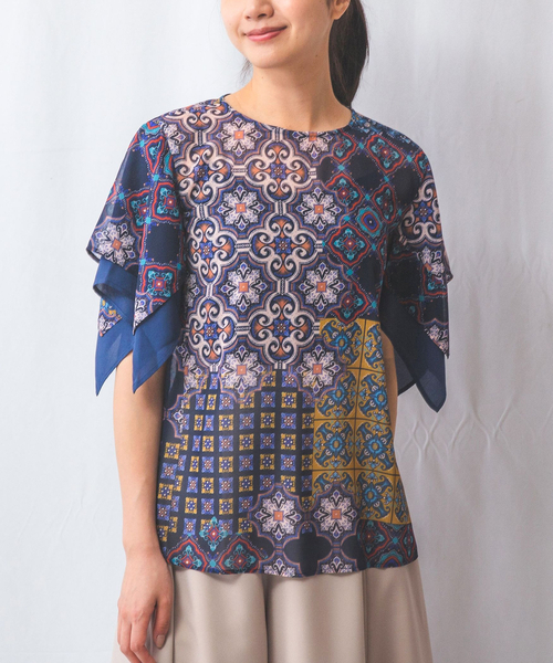 ブラウス シャツ 「NARACAMICIE」タイル柄シフォン半袖スカーフスリーブブラウス レディース