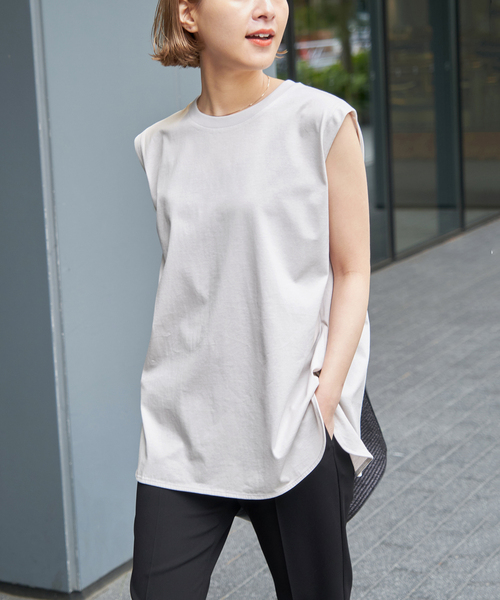 spick&spanファインコットンノースリーブプルオーバー ホワイト＆グレー 追加》ファインコットンノースリーブプルオーバー（Tシャツ