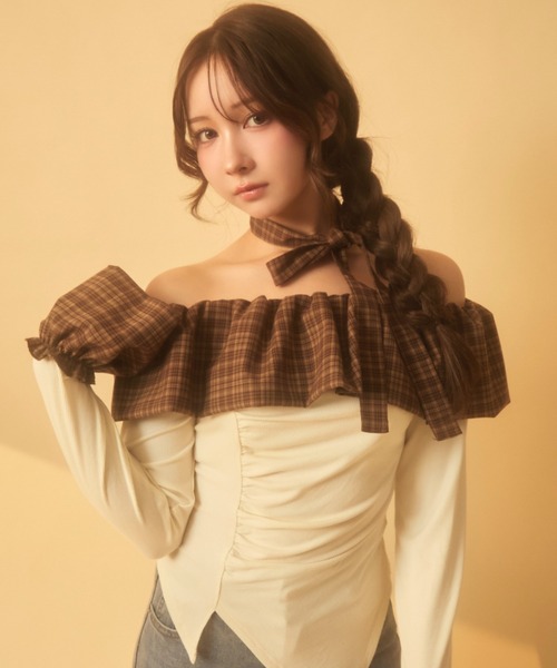 LIZLISA 森ガール 00sチェック柄 フリルブラウン オフショルダー LIZLISA 森ガール 00sチェック柄 フリルブラウン オフショルダー