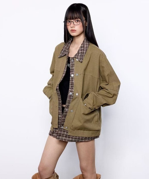 ジャケット・アウター check frill shirt blouson FEKETE FreeZone ブルゾン アウター チェックシャツレイヤード風ジャケット