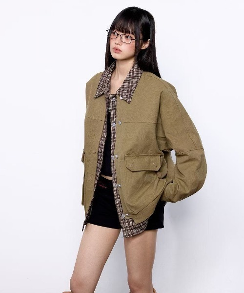 FreeZone ブルゾン アウター チェックシャツレイヤード風ジャケット