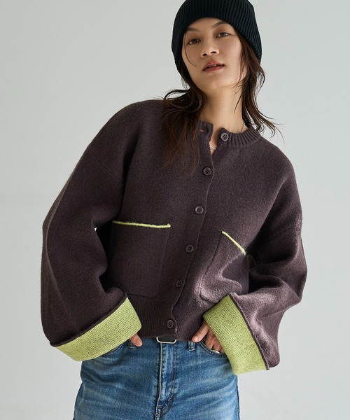 meilmada カーディガン バイカラーアルパカタッチニットカーディガン