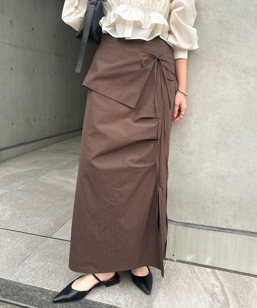 【気品】新品 ブラウン　裾ホースヘアーラインストーンロングスカートｄ097 Freesia ロング スカート ラップスカート付き2wayロングスカート