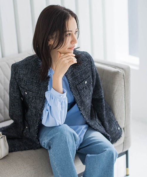 ダウンコート ダウンジャケット ストレッチツイードミドルジャケット レディースの画像