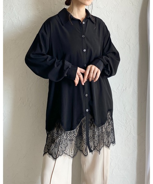 She's Closet ブラウス シャツ 長袖 裾レースドッキング ロングシャツ