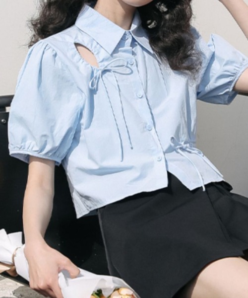 ブラウス シャツ チャイナカットアウトクロップドブラウス レディース