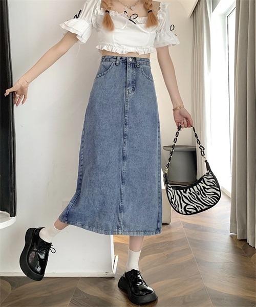 スカート デニム バックスリットロングデニムスカート 