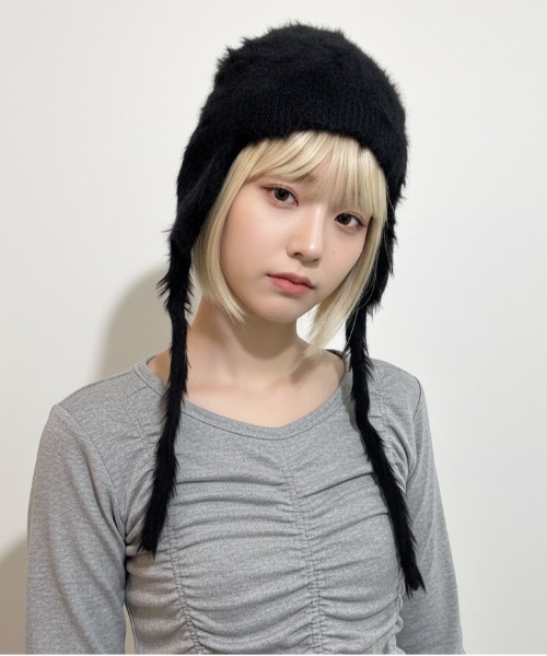 ニット帽 ニットキャップ 「HIKA」耳当て付きモヘア風ニットCAP