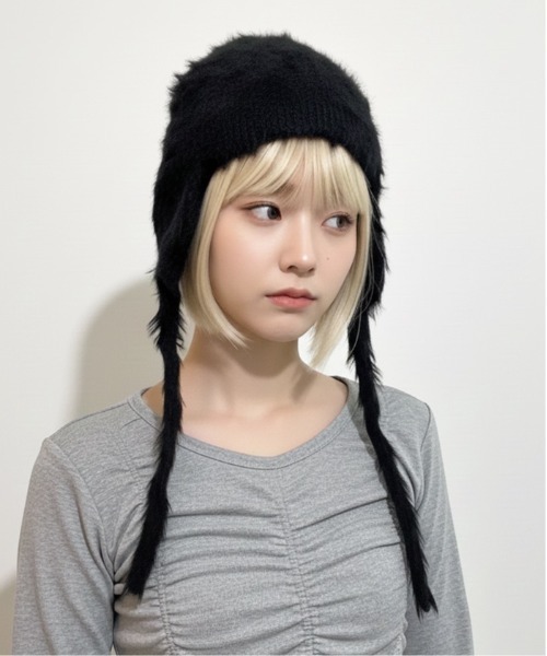 ニット帽 ニットキャップ 「HIKA」耳当て付きモヘア風ニットCAP