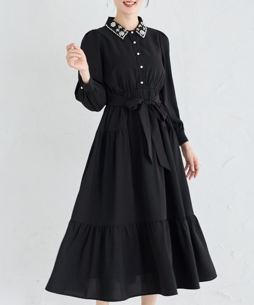tocco closet ワンピース ウエストりぼん付きパールビジュー装飾 