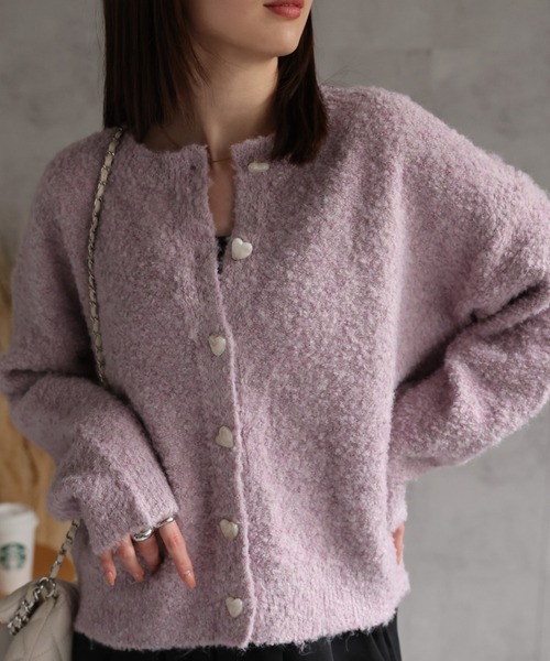 グレー ニットカーディガン S ハートモチーフ セール】Heart Jacquard Short Length Knit Cardigan/ハートジャガード