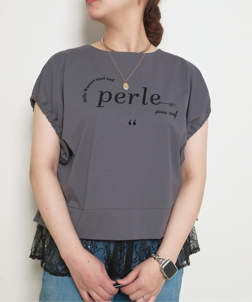tシャツ レイヤードライクレースTシャツ 異素材ドッキング スパンコールレース ギャザー袖 フロッキープリント ロゴデザイン レディース