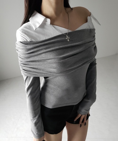 tシャツ 「 ２color 」シャツドッキングワイドオフショルトップス ／ shirt docking wide off shoulder tops me+em select tシャツ 「 2color 」シャツドッキングワイド