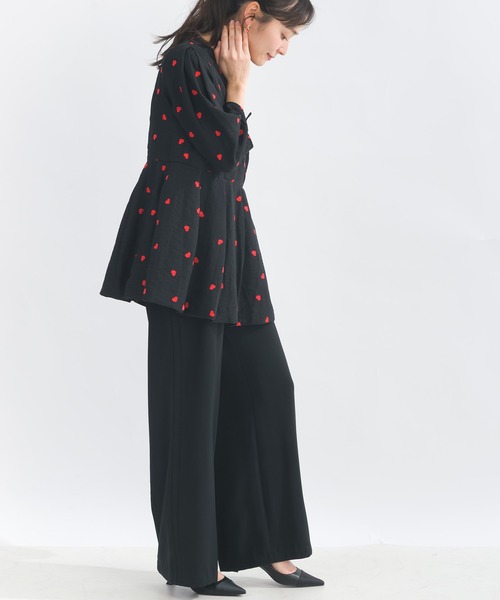 PICCIN PERLA リネンシャツ ブラウス シャツ ハート刺繍袖リボン 