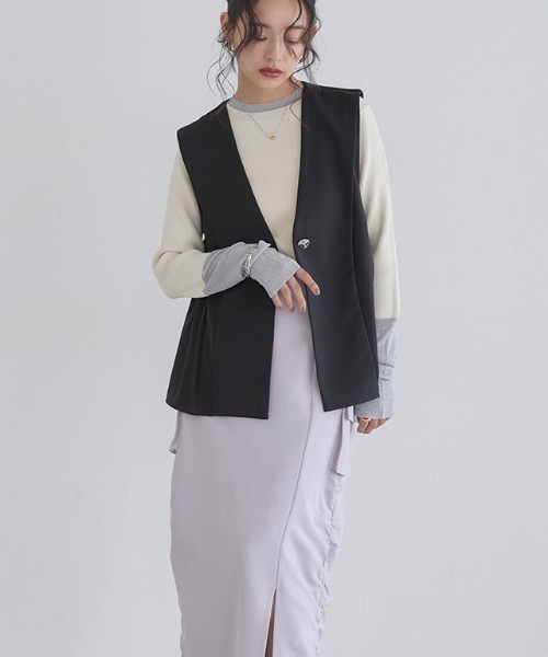ECLAM ベスト ジレ サイド ギャザーデザイン ジレ ベスト レディース