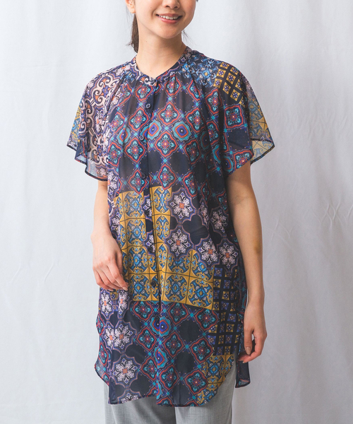ブラウス シャツ 「NARACAMICIE」タイル柄シフォンテントライン半袖ブラウス レディース