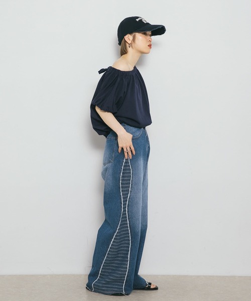 トレーナー スウェット SLEEVE GATHER RIBBON LINE SWEAT/スリーブギャザーリボンラインスウェット レディース SLEEVE GATHER RIBBON LINE 落ち着いた SWEAT/スリーブギャザー